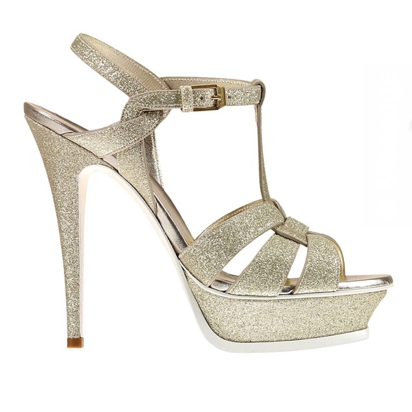 Saint Laurent Tribute Platform Stiletto Sandals: Metallic Gold Glitter Leather - Picture 11 of 16